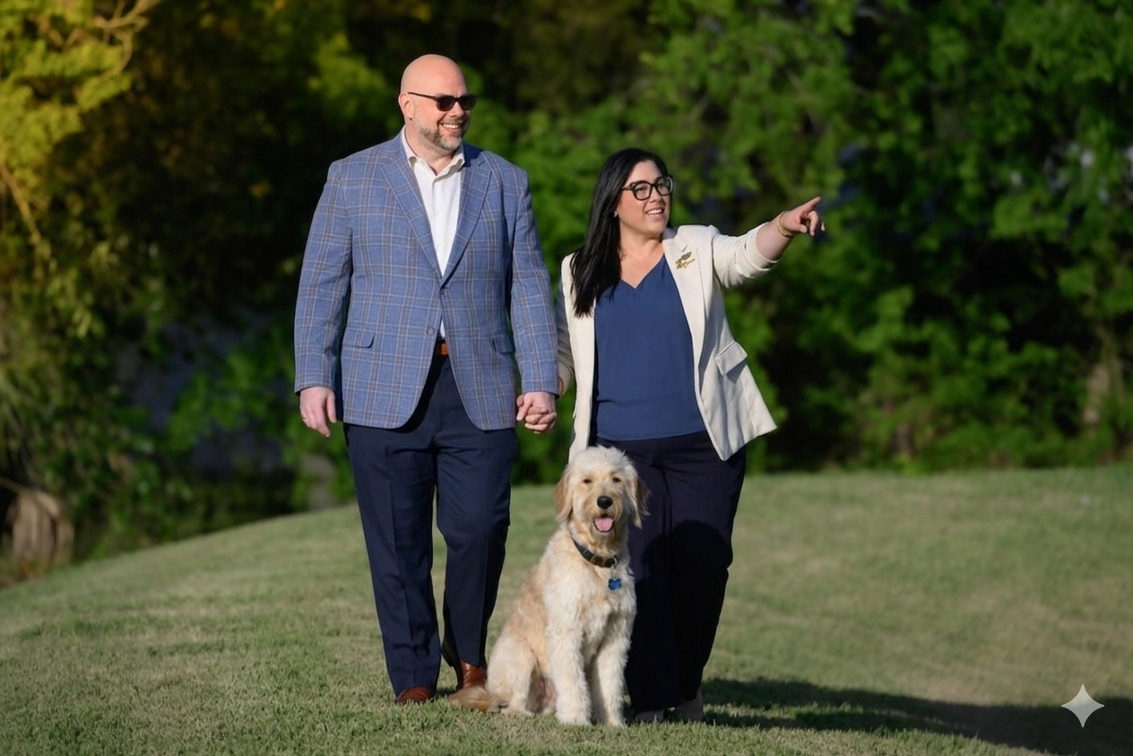 Carmen Ruiz with her significant other Rafael and their Goldendoodle DJ